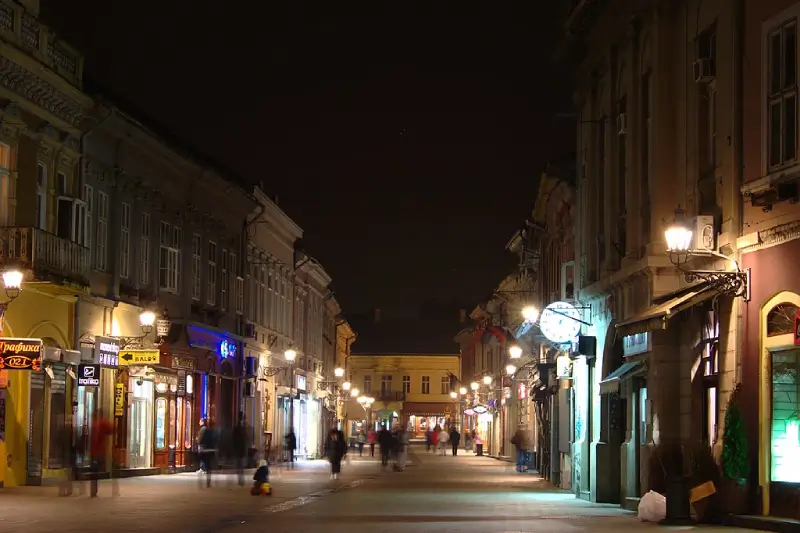Dunavska street in Novi Sad by night, Serbia
